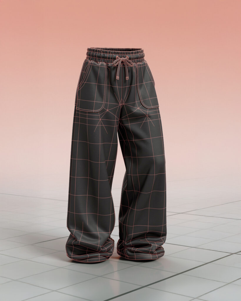 3D-rendered trousers digital fashion prototype used for digital sampling in fashion development