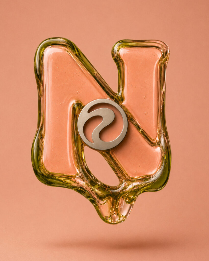 Logo-System: 3D-Monogramm N von NABR Studios in glänzendem Gel mit Metallemblem auf Pfirsich-Hintergrund